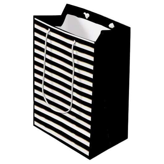 Elegant Black White Gold Horizontal Stripe Medium Cadeauzakje (Voorkant Gekanteld)