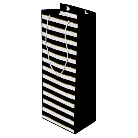 Elegant Black White Gold Horizontal Stripe Wijn Cadeautas (Achterkant Gekanteld)