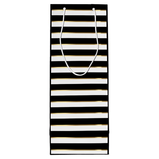 Elegant Black White Gold Horizontal Stripe Wijn Cadeautas (Achterkant)