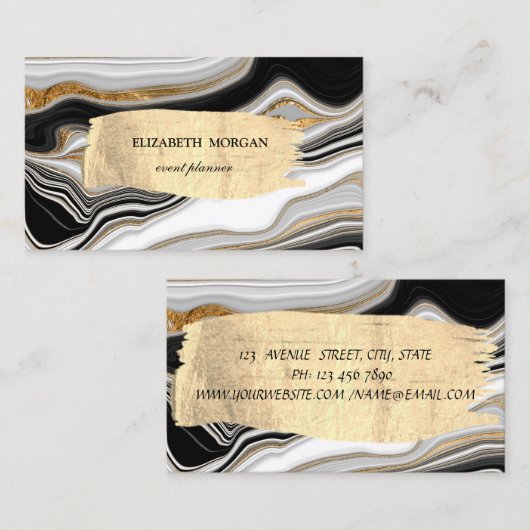 Elegant Black White Gold Marble Bruske Stroke Visitekaartje (Voorkant / Achterkant)