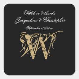 Elegant Black White Gold Monogram Script Name Chic Vierkante Sticker