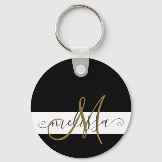 Elegant Black White Gold Monogram scriptnaam Sleutelhanger (Voorkant)