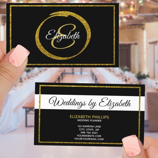 Elegant Black White Gold Monogram Sjabloon Visitekaartje