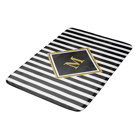 Elegant Black White Gold Monogram Striped Badmat (Gekanteld)