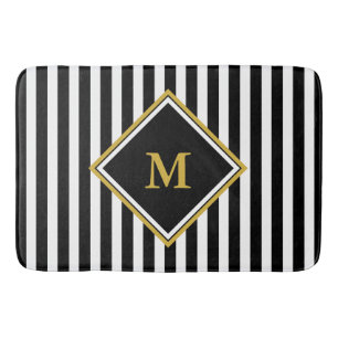 Elegant Black White Gold Monogram Striped Badmat