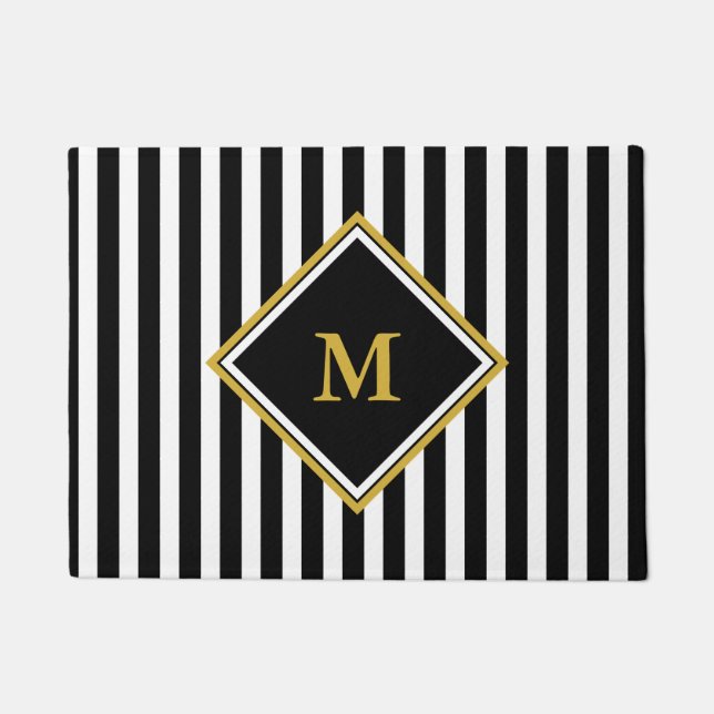 Elegant Black White Gold Monogram Striped Deurmat (Voorkant)