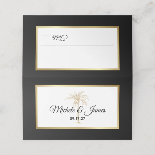 Elegant Black White Gold Palm Tree Modern Weddensc Plaatskaartje (Buitenkant ongevouwen)