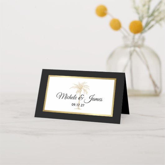 Elegant Black White Gold Palm Tree Modern Weddensc Plaatskaartje (Voorkant)