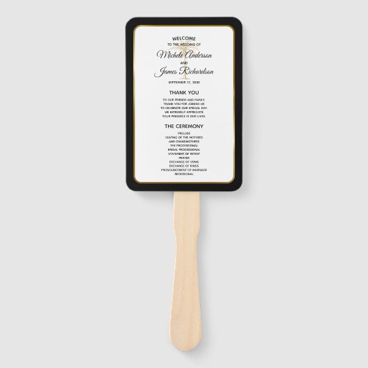 Elegant Black White Gold Palm Tree Weddenprogramma Handwaaier (Voorkant)