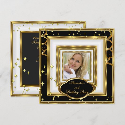 Elegant Black White Gold Photo Birthday Party Kaart (Voorkant / Achterkant)