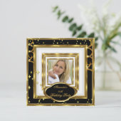 Elegant Black White Gold Photo Birthday Party Kaart (Staand voorkant)
