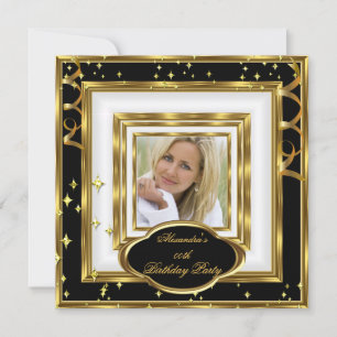 Elegant Black White Gold Photo Birthday Party Kaart