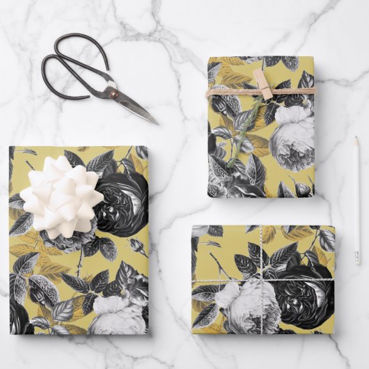 Elegant  Black White Gold Rozen Floral Inpakpapier Vel (Voorkant)