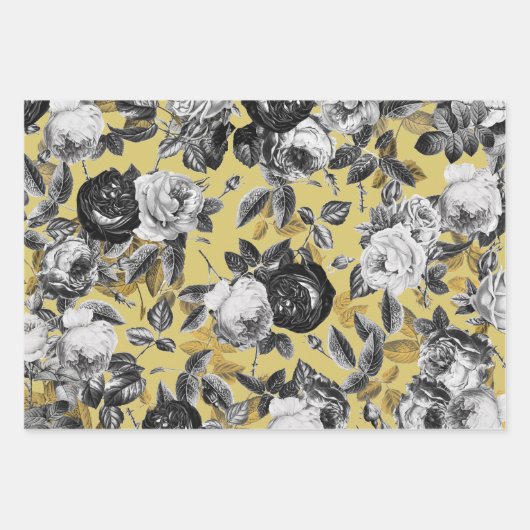 Elegant  Black White Gold Rozen Floral Inpakpapier Vel (Voorkant 3)