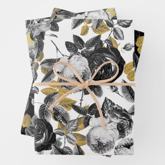 Elegant Black White Gold Rozen Floral Inpakpapier Vel (In situ)