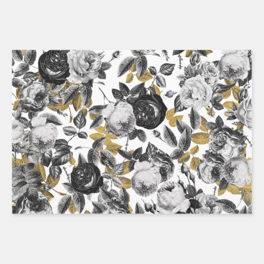 Elegant  Black White Gold Rozen Floral Inpakpapier Vel (Voorkant)