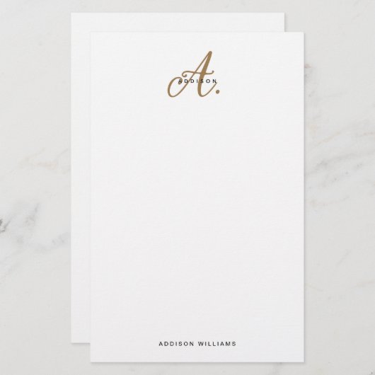 Elegant Black White Gold Script Monogram Briefpapier (Voorkant / Achterkant)