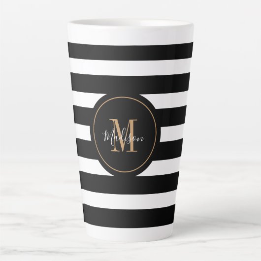 Elegant Black White Gold Script Monogram Latte Mok (Voorkant)