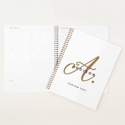 Elegant Black White Gold Script Monogram Planner (Display)
