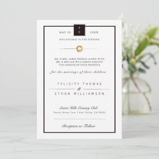 Elegant Black White Gold Stripe Weddenschap Kaart (Staand voorkant)