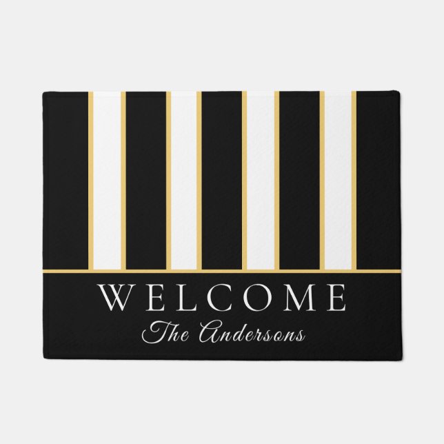Elegant Black White Gold Stripe Welkom Deurmat (Voorkant)
