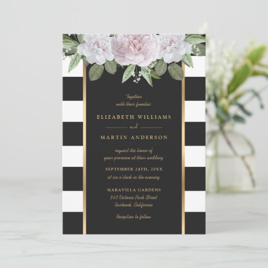Elegant Black White Gold Striped Blush Pink Floral Kaart (Staand voorkant)