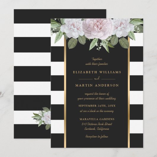 Elegant Black White Gold Striped Blush Pink Floral Kaart (Voorkant / Achterkant)