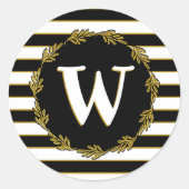 Elegant Black White Gold Stripes Wreatmonogram Ronde Sticker (Voorkant)