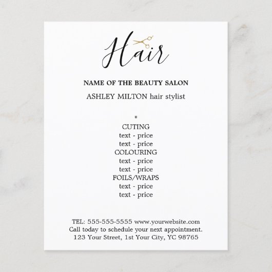 Elegant Black White Golden Scissors Hair Menu (Voorkant)