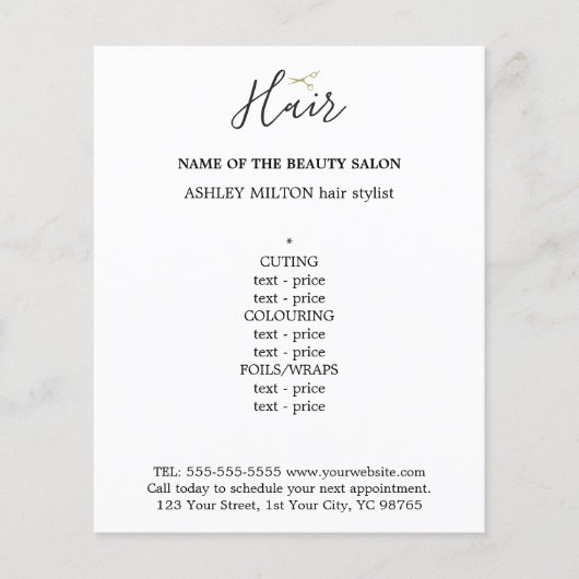 Elegant Black White Golden Scissors Hair Menu Flye (Voorkant)