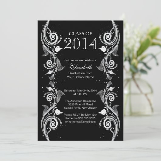 Elegant Black White Graduparty Invitation Kaart (Staand voorkant)