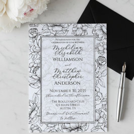 Elegant Black White Hand-Drawn Floral Wedding  Kaart
