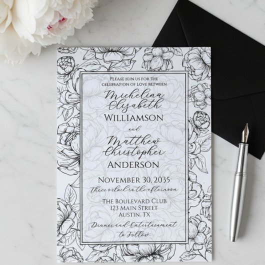Elegant Black White Hand-Drawn Floral Wedding  Kaart