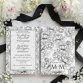 Elegant Black White Hand-Drawn Floral Wedding  Kaart