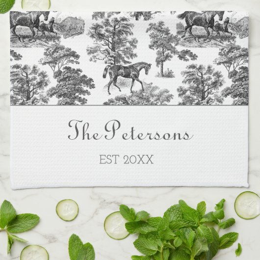 Elegant Black White Horses Toile Rustic Farmhouse Theedoek (Gevouwen)