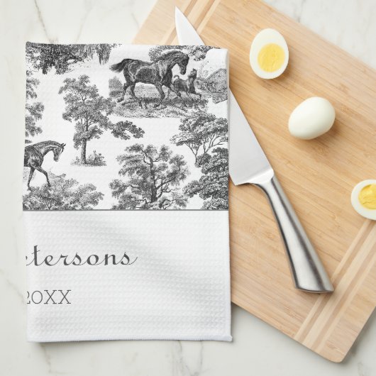 Elegant Black White Horses Toile Rustic Farmhouse Theedoek (Quarter Fold)