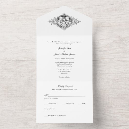 Elegant Black & White katholieke bruiloft All In One Uitnodiging (Binnen)