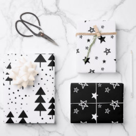 Elegant Black & White Kerstbomen sterren Inpakpapier Vel