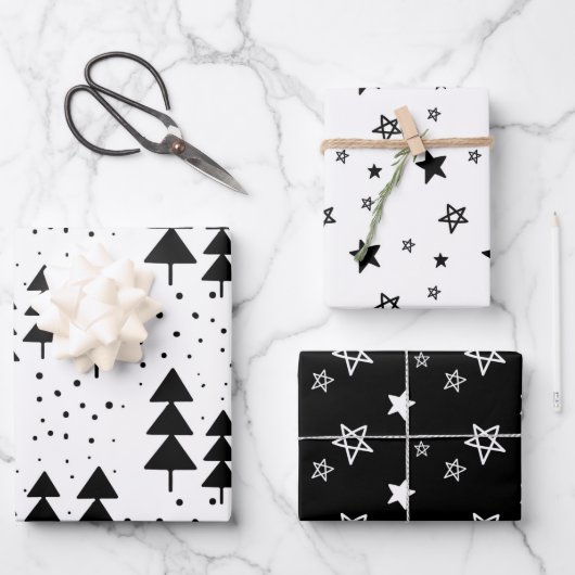 Elegant Black & White Kerstbomen sterren Inpakpapier Vel (Voorkant)