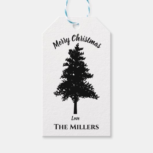 Elegant Black White Kerstboom, pretkerkermis Cadeaulabel (Voorkant)