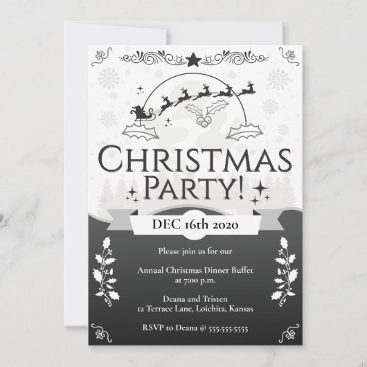 Elegant Black & White Kerstparty Kaart (Voorkant)