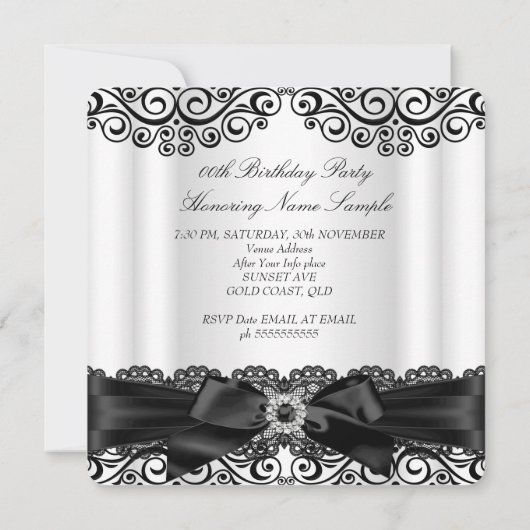 Elegant Black White Lace Bow Birthday Party Kaart (Achterkant)
