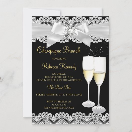 Elegant Black White Lace Champagne Brunch Invite Kaart (Voorkant)