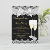 Elegant Black White Lace Champagne Brunch Invite Kaart (Staand voorkant)