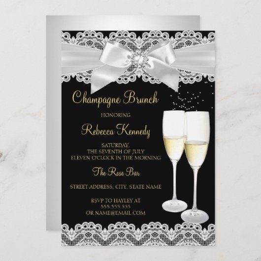 Elegant Black White Lace Champagne Brunch Invite Kaart (Voorkant / Achterkant)