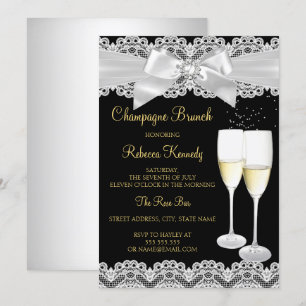 Elegant Black White Lace Champagne Brunch Invite Kaart
