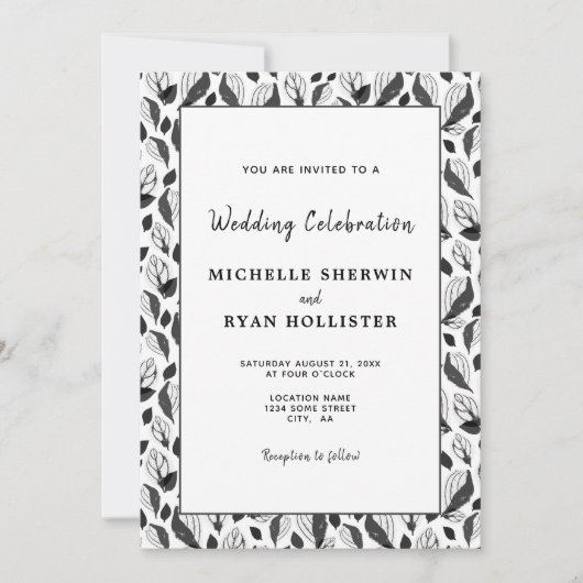 Elegant Black White Leaf Pattern Botanical Wedding Kaart (Voorkant)