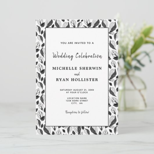 Elegant Black White Leaf Pattern Botanical Wedding Kaart (Staand voorkant)