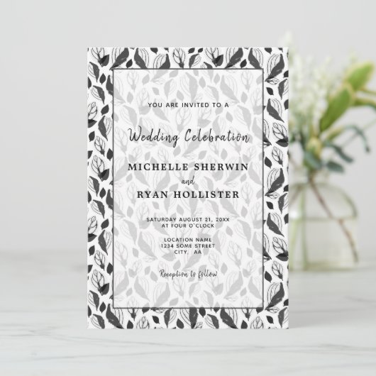 Elegant Black White Leaf Pattern Botanical Wedding Kaart (Staand voorkant)