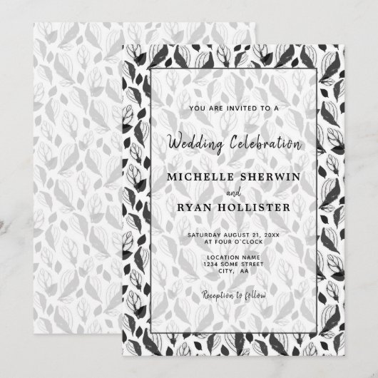 Elegant Black White Leaf Pattern Botanical Wedding Kaart (Voorkant / Achterkant)